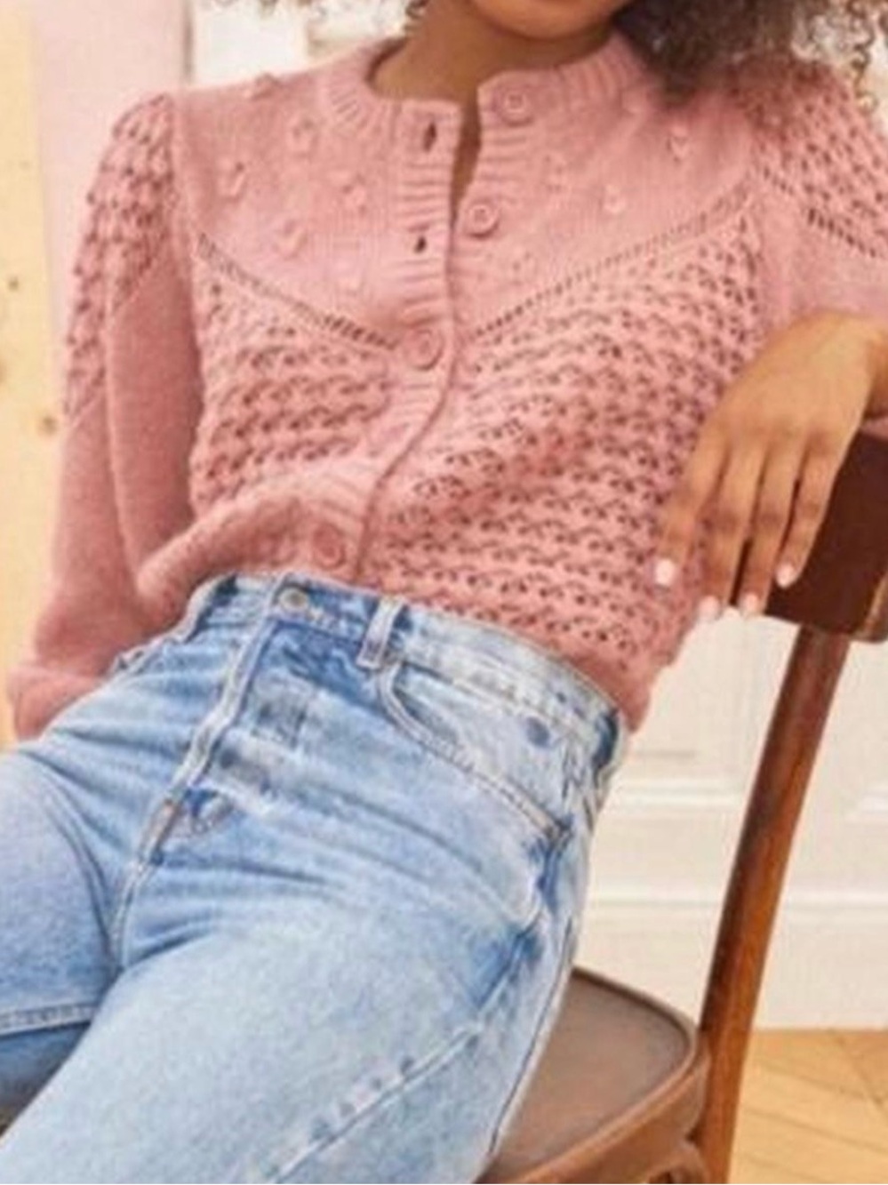 Rouje Dusty Pink Crochet Knit Button Cardigan